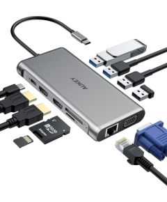 AUKEY CB-C78 interface hub 5000 Mbit/s Black | Aluminium | 12in1 | RJ45 Ethernet 10/100/1000Mbps | 2xUSB 3.1 | 2xUSB 2.0 | 2xHDMI 4k@30Hz | VGA | SD & microSD | USB-C