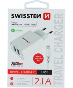 Swissten Smart IC Tīkla Lādētājs 2x USB 2.1A Ar Lightning MFI (MD818) vadu 1.2 m Balts