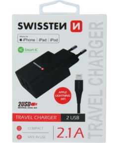 Swissten Smart IC Tīkla Lādētājs 2x USB 2.1A Ar Lightning MFI (MD818) vadu 1.2 m Melns