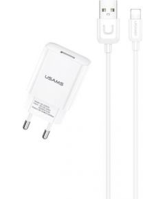 Usams T21 Set 2в1 Адаптивная Быстрая 2.1A Сетевая зарядка + USB на Lightning 1м Кабель Белый