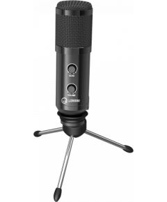 LORGAR Gaming Microphones, Whole balck color, USB condenser microphone with Volumn Knob & Echo Kob, including 1x Microphone, 1 x 2.5M USB Cable, 1 x Tripod Stand, 1 x User Manual, body size: Φ47.4*158.2*48.1mm, weight: 243.0g
