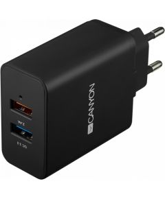 CANYON H-07 Universal 2xUSB AC charger (in wall) with over-voltage protection(1 USB with Quick Charger QC3.0), Input 100V-240V, Output USB/5V-2.4A+QC3.0/5V-2.4A&9V-2A&12V-1.5A, with Smart IC, Black rubber coating+QC3.0 port in blue/other port in orange, 9