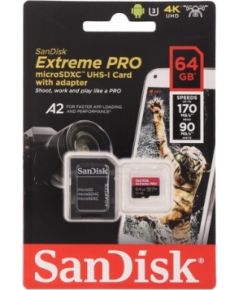 SANDISK Extreme PRO 64GB microSDXC + SD Adapter + 2 years RescuePRO Deluxe up to 200MB/s & 90MB/s Read/Write speeds A2 C10 V30 UHS-I U3