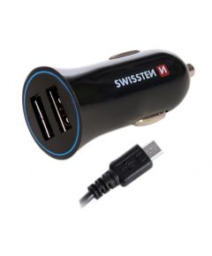 Swissten Premium Auto Lādētājs 12 / 24V / 1A + 2.1A un Micro USB vads 150 cm Melns