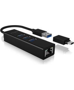 Raidsonic 4 Port Hub with USB 3.0 Type-A, Type-C, Gigabit LAN Icy Box IB-HUB1419-LAN Black