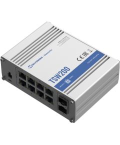 Teltonika Ethernet Switch TSW200 Unmanaged, Desktop, 1 Gbps (RJ-45) ports quantity 8, SFP ports quantity 2, PoE ports quantity 8, Total PoE Power Budget (at PSE): 240 W, PoE Max Power per Port (at PSE): 30W, IP30, Full aluminum housing, ADAPTER NOT INCLUD