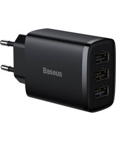 (Ir veikalā) Lādētājs 220v Baseus Compact Quick Charger, 3x USB, 17W (Black)