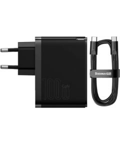 Baseus GaN USB-C + USB wall charger, 100W + 1m cable (black)