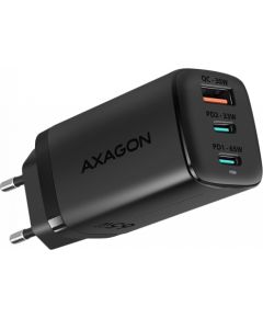 Axagon GaN wallcharger <240V / 3x port (USB + dual USB-C), PD3.0/QC4+/PPS/Apple. 65W total power.