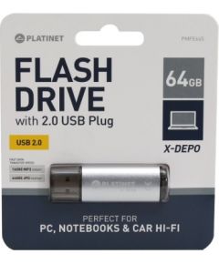 Platinet PMFE64 X-DEPO 64GB USB 2.0 Zibatmiņa Sudraba