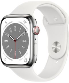 Apple Watch 8 GPS + Cellular 45mm Stainless Steel Sport Band, silver/white (MNKE3EL/A)