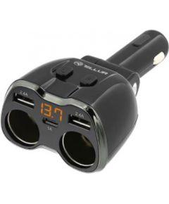 Tellur 2 Sockets cigarette lighter splitter, 2xUSB, Type-C