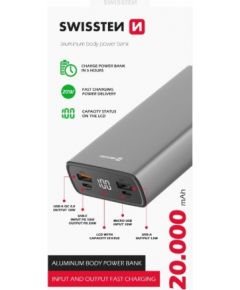 Swissten Aluminium Power Banka Ārējās Uzlādes Baterija 2xUSB / USB-C / Micro USB / 20W / 20000 mAh