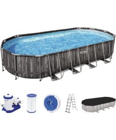 Bestway Power Steel Frame Pool Set, 732 cm x 366 cm x 122 cm, swimming pool (dark brown/blue, wood decor, with filter pump) Бассейны