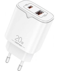 Vipfan E08 network charger, USB + USB-C, 20W PD + QC 3.0 (white)