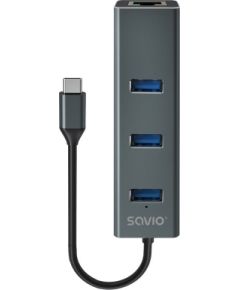 Savio AK-57 USB-C - 3 x USB-A HUB with RJ-45 Gigabit Ethernet adapter, 5000 Mbit/s, grey