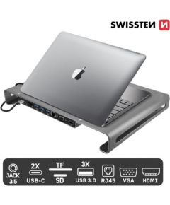 Swissten Daudzfunkcionāla USB-C Klēpjdatora dokstacija / HDMI / USB 3.0 / 2x USB-C / RJ45 / SD / Micro SD / VGA / Audio / Pelēka