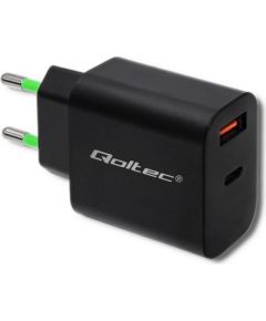 Qoltec 51713 Charger | 18W | 5-12V | 1.5-3A | USB type C PD | USB QC 3.0 | Black