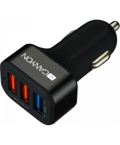 CANYON C-07 Universal 3xUSB car adapter(1 USB with Quick Charger QC3.0), Input 12-24V, Output USB/5V-2.1A+QC3.0/5V-2.4A&9V-2A&12V-1.5A, with Smart IC, black rubber coating+black metal ring+QC3.0 port with blue/other ports in orange, 66*35.2*25.1mm, 0.025