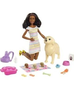 Mattel Barbie doll (brunette) with dog + puppies - HCK76
