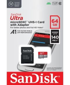 Sandisk Ultra Android microSDXC 64GB 140MB/s A1 Cl.10 UHS-I Atmiņas Karte + Adpteris