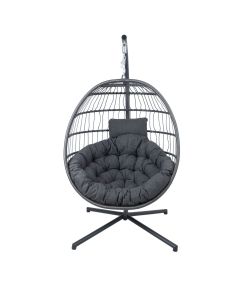 Подвесное кресло WELS с подушками, 95x95x198см, ножка: чёрная стальная труба, сиденье: плетение из пластика, цвет: серый