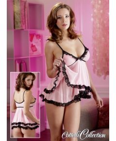 Cottelli Collection rozā babydoll ar melnām mežģīnēm un stringiem [ XXL ]