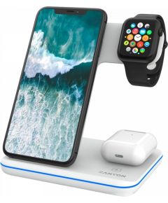 CANYON WS-303, 3in1 Wireless charger, with touch button for Running water light, Input 9V/2A, 12V/2A, Output 15W/10W/7.5W/5W, Type c to USB-A cable length 1.2m, 137*103*140mm, 0.22Kg, White