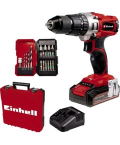 Einhell Cordless Impact Drill TE-CD 18/2 Li-i +22, 18V (red/black, Li-Ion battery 2.5Ah, case E-Box Basic + bit drill set)