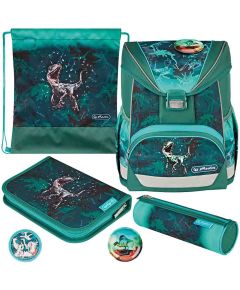 Herlitz UltraLight Plus Green Rex, school bag (green/grey, incl. 16-piece pencil case, pencil case, sports bag)