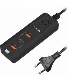 CANYON H-10, Wall charger. CNE-CHA10B Input: 100-240V~50/60Hz 1.0A Max Output1/Output2: DC USB-A QC3.0 5.0V/3.0A,9.0V/2.0A,12.0V/1.5A 18.0W(Max)USB-C PD 5.0V/3.0A,9.0V/2.22A,12.0V/1.67A 20.0W(Max)USB-A+C 5.0V/3.0A 15.0W(Max)Total Power: 40.0W