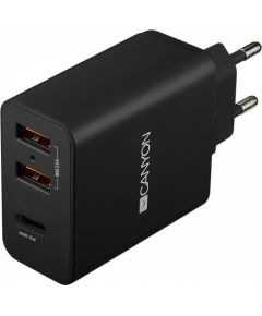 CANYON H-08, Universal 3xUSB AC charger (in wall) with over-voltage protection(1 USB-C with PD Quick Charger), Input 100V-240V, Output USB-A/5V-2.4A+USB-C/PD30W, with Smart IC, Black Glossy Color+orange plastic part of USB, 96.8*52.48*28.5mm, 0.092kg