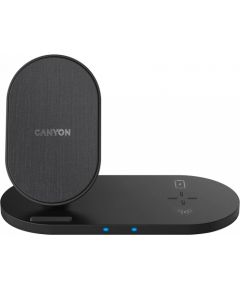CANYON WS-202, 2in1 Wireless charger, Input 5V/3A, 9V/2.67A, Output 10W/7.5W/5W, Type c cable length 1.2m, PC+ABS,with PU part ,180*86*111.1mm, 0.185Kg,Black