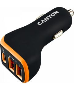 CANYON C-08, Universal 3xUSB car adapter, Input 12V-24V, Output DC USB-A 5V/2.4A(Max) + Type-C PD 18W, with Smart IC, Black+Orange with rubber coating, 71*39*26.2mm, 0.028kg