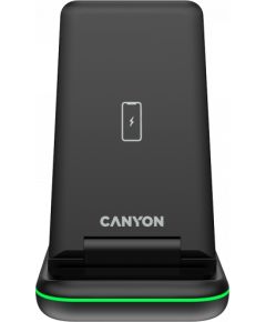 CANYON WS-304, Foldable  3in1 Wireless charger, with touch button for Running water light, Input 9V/2A,  12V/1.5AOutput 15W/10W/7.5W/5W, Type c to USB-A cable length 1.2m, with QC18W EU plug,132.51*75*28.58mm, 0.168Kg, Black