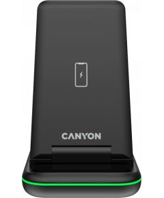 CANYON WS-304, Foldable  3in1 Wireless charger, with touch button for Running water light, Input 9V/2A,  12V/1.5AOutput 15W/10W/7.5W/5W, Type c to USB-A cable length 1.2m, with QC18W EU plug,132.51*75*28.58mm, 0.168Kg, Black