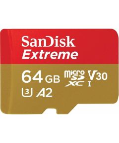 SANDISK Extreme 64GB microSDXC + SD Adapter + 1 year RescuePRO Deluxe up to 170MB/s & 80MB/s Read/Write speeds A2 C10 V30 UHS-I U3