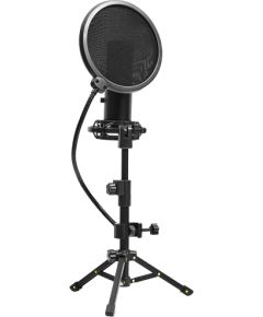 LORGAR Voicer 721, Gaming Microphone, Black, USB condenser microphone with tripod stand and pop filter, including 1 microphone, 1 metal tripod, 1 plastic shock mount, 1 windscreen cap, 2m USB Type C cable, 1 pop filter, 1 tripod mount ring, 154.6x56.1mm