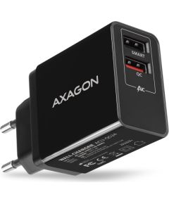 Axagon Dual wallcharger <240V / 2x USB port QC3.0/AFC/FCP + 5V-1.2A. 24W total power.