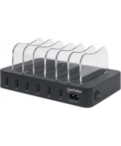 Manhattan Charging Station, 6x USB-A Ports, Outputs: 6x 2.4A, Smart IC, LED Indicator Lights, Black, Three Year Warranty, Box