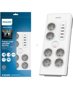 Philips Surge protector SPN7060WA/58, 6 outlets, 2 m power cord, 1 x Type C port, Max 15 W output, 4 x Type A ports, Max 20 W output, 900 joules of surge protection / SPN7060WA/58