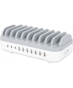 Manhattan Charging Station, 10x Ports: 3x USB-C (up to 18W PD) and 7x USB-A (up to 12W), 120W Total Output, White/Grey, Three Year Warranty, Box