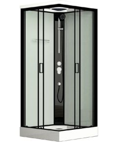 dušas kabīne Marine, 900x900 mm, h=2170, komplektā paliktnis, sifons un maisītājs, melna/caurspīdīgs