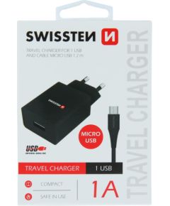 Swissten Travel Tīkla lādētājs Smart IC USB 1A + kabelis USB / Micro USB 1.2m
