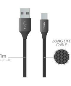 Data Cable USB to Type-C 12W Ultra-Resistant 1m By Fonex Black