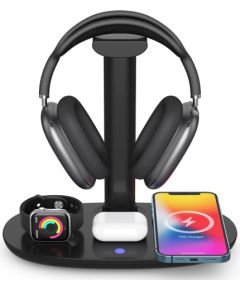 CP X5W 4in1 15W Wireless Magsafe Qi uzlādes stends iPhone Watch Airpods un citiem + austiņu turētājs melns