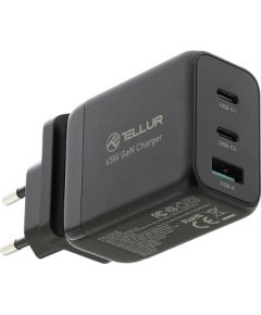 Tellur GaN 65W 3-port wall charger, 2xUSB-C + USB-A, EU,UK,US, black