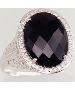 Серебряное кольцо #2100829(PRh-Gr)_CZ+ON, Серебро 925°, родий (покрытие), Цирконы, Оникс, Размер: 21, 6.1 гр.