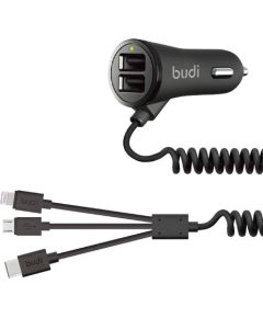 Car charger 2x USB Budi 068T3, 3.4A + cabel 3in1 USB do USB-C / Lightning / Micro USB (black)