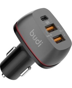 Car charger Budi, 2x USB + USB-C, QC + PD (black)